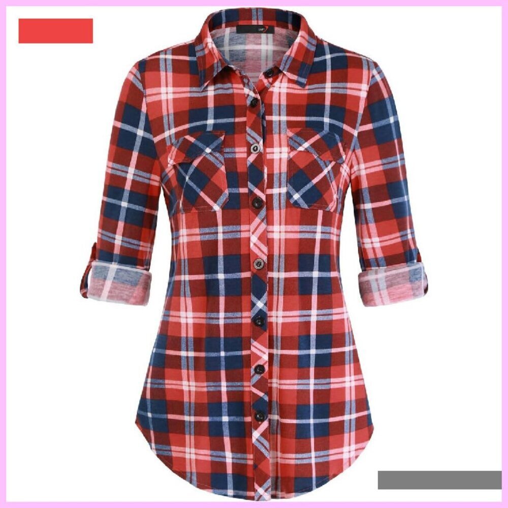 Soft Stretchy Knit Plaid Button Down Blouse Long Sleeve Collared Top